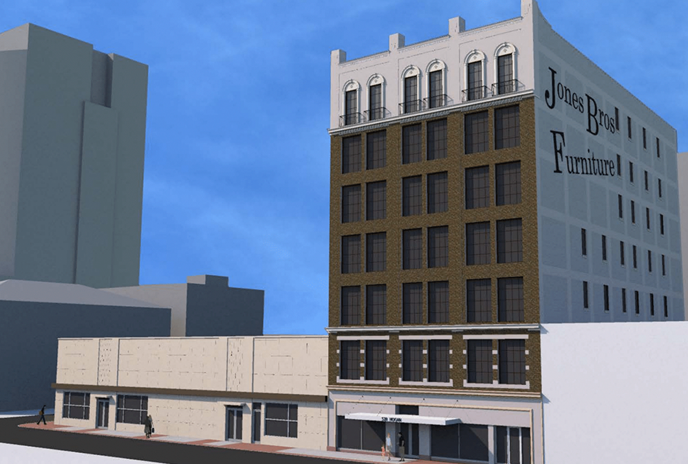 Rendering of the Jones Brothers Furniture building. The property is located at 520 North Hogan Street in Jacksonville, Florida.